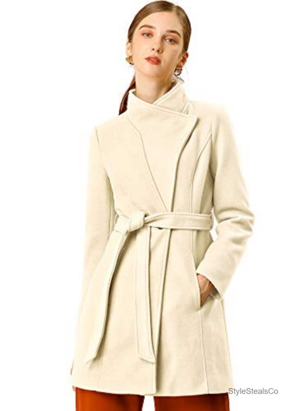 Women's Winter Elegant Stand Collar Long Belted Pea Coat